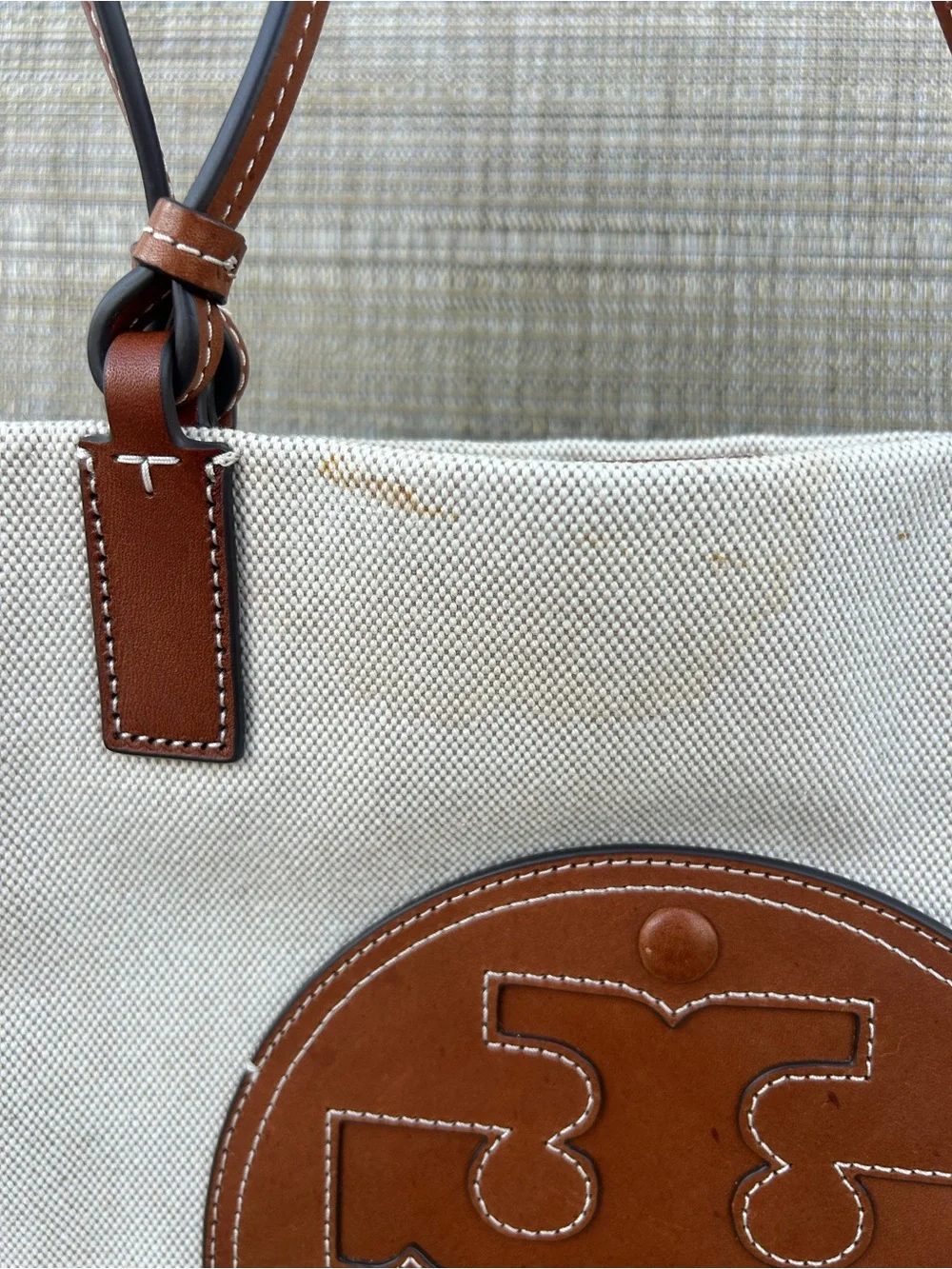 TORY BURCH Ella Canvas tote large Brown Leather Natural Classic Cuoio Bag Auth